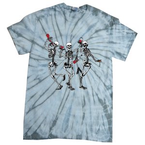 Dancing Skeletons Drinking Wine Lover Funny Halloween Scary Tie-Dye T-Shirt