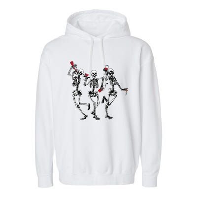 Dancing Skeletons Drinking Wine Lover Funny Halloween Scary Garment-Dyed Fleece Hoodie