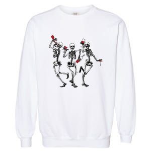 Dancing Skeletons Drinking Wine Lover Funny Halloween Scary Garment-Dyed Sweatshirt