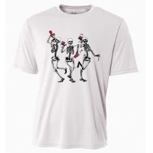 Dancing Skeletons Drinking Wine Lover Funny Halloween Scary Cooling Performance Crew T-Shirt