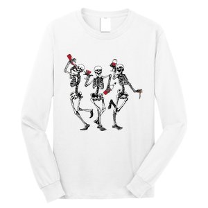 Dancing Skeletons Drinking Wine Lover Funny Halloween Scary Long Sleeve Shirt