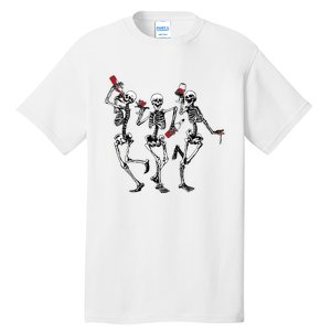 Dancing Skeletons Drinking Wine Lover Funny Halloween Scary Tall T-Shirt