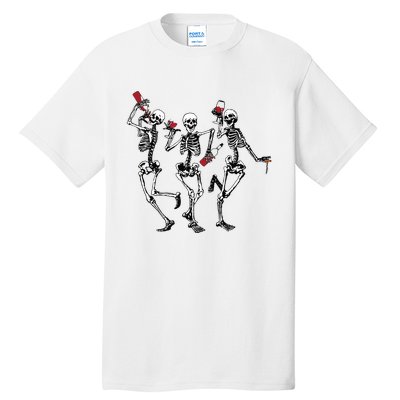 Dancing Skeletons Drinking Wine Lover Funny Halloween Scary Tall T-Shirt