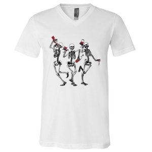 Dancing Skeletons Drinking Wine Lover Funny Halloween Scary V-Neck T-Shirt