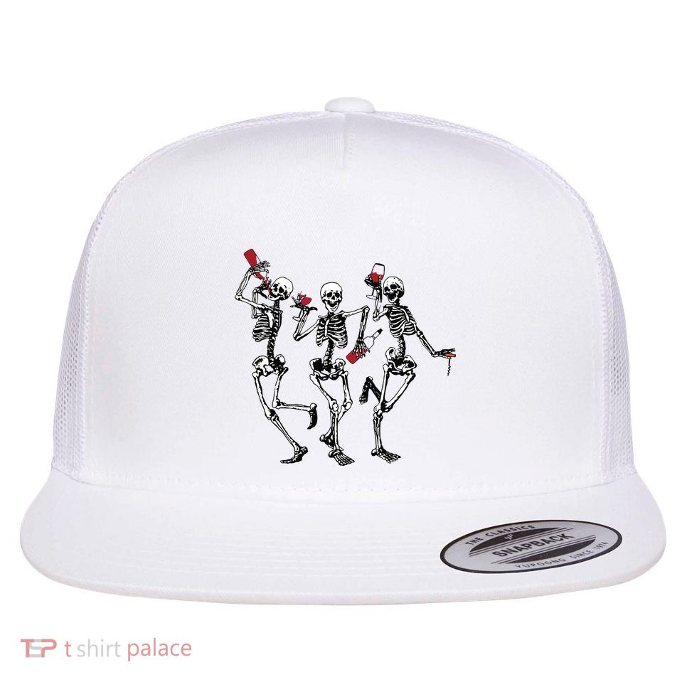 Dancing Skeletons Drinking Wine Lover Funny Halloween Scary Flat Bill Trucker Hat