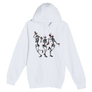 Dancing Skeletons Drinking Wine Lover Funny Halloween Scary Premium Pullover Hoodie