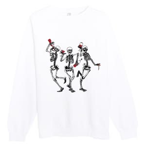 Dancing Skeletons Drinking Wine Lover Funny Halloween Scary Premium Crewneck Sweatshirt