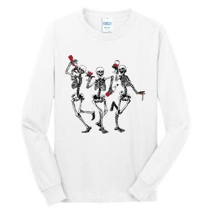 Dancing Skeletons Drinking Wine Lover Funny Halloween Scary Tall Long Sleeve T-Shirt