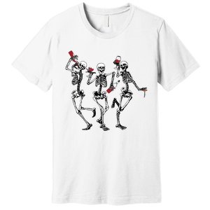 Dancing Skeletons Drinking Wine Lover Funny Halloween Scary Premium T-Shirt