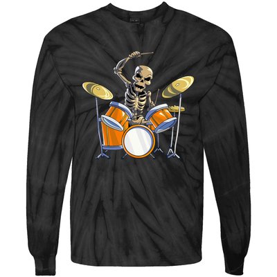 Drummer Skeleton Drum Set Drummer Halloween Tie-Dye Long Sleeve Shirt