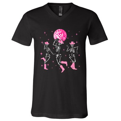 Dancing Skeleton Disco Cowgirl Cowboy Skeleton V-Neck T-Shirt