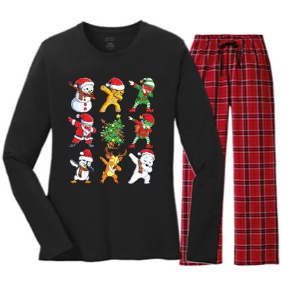 Dabbing Santa Elf Friends Christmas Xmas Dab Women's Long Sleeve Flannel Pajama Set 