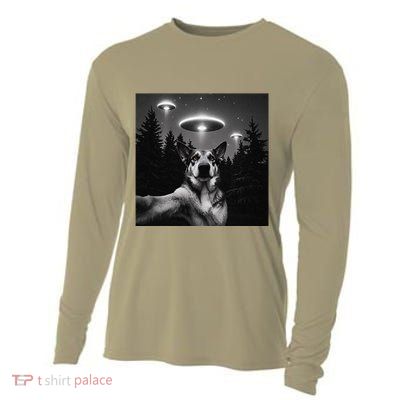 Dog Selfie Funny Invasion Meme Retro Alien Dog Ufo Selfie .Png Cooling Performance Long Sleeve Crew