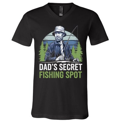 Dads Secret Fishing Spot Funny Fathers Day Fish Lover V-Neck T-Shirt