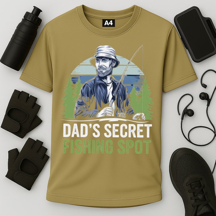 Dads Secret Fishing Spot Funny Fathers Day Fish Lover Cooling Performance Crew T-Shirt