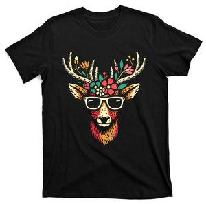 Deer Sunglasses Flower Crown Cave Art Floral Reindeer T-Shirt