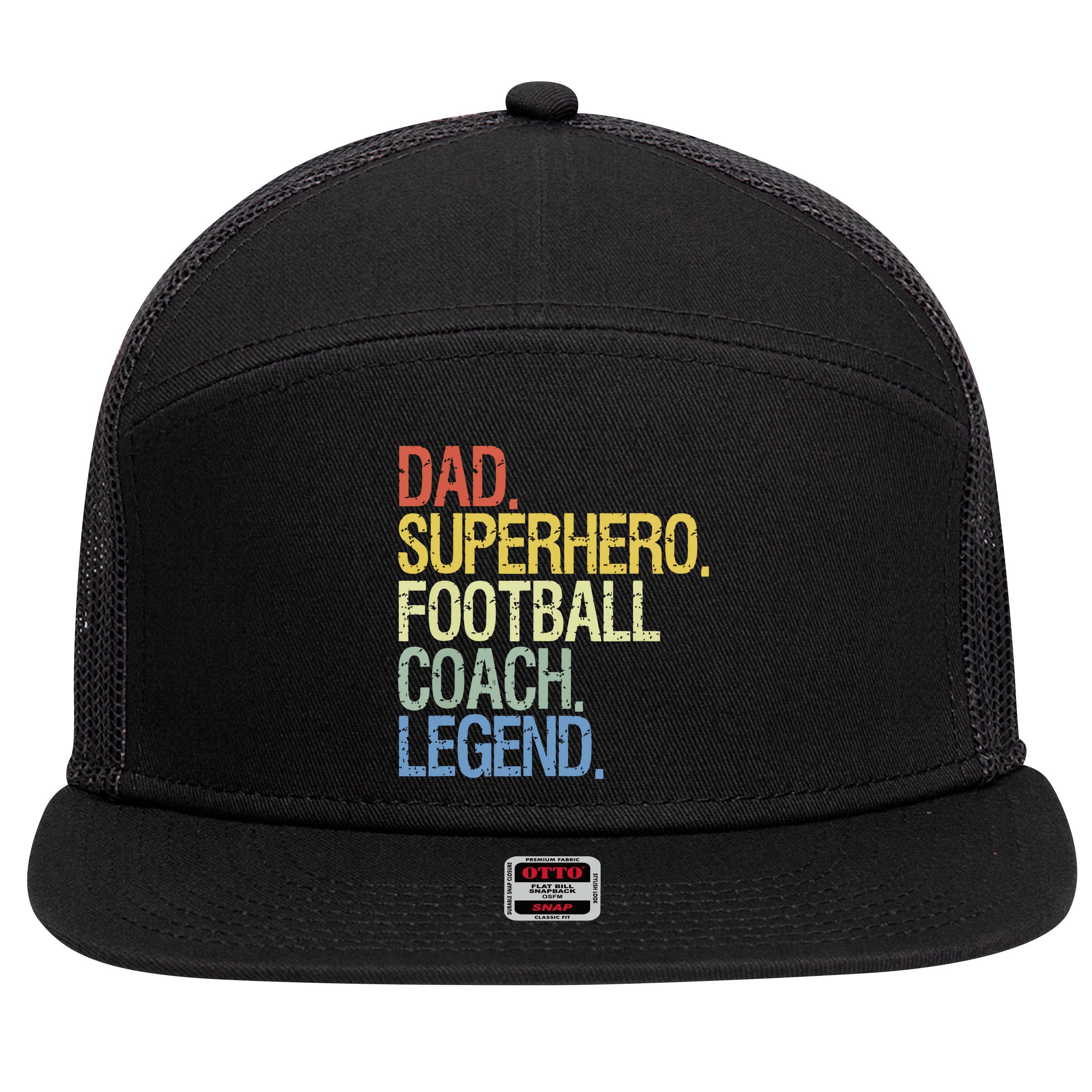 Dad Superhero Football Coach Legend 7 Panel Mesh Trucker Snapback Hat