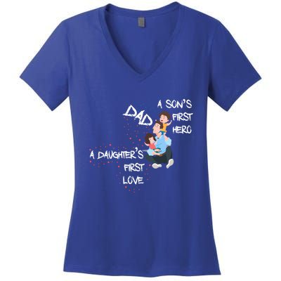 Dad Sons First Hero Daughters First Love Funny Meaningful Gift Women's V-Neck T-Shirt