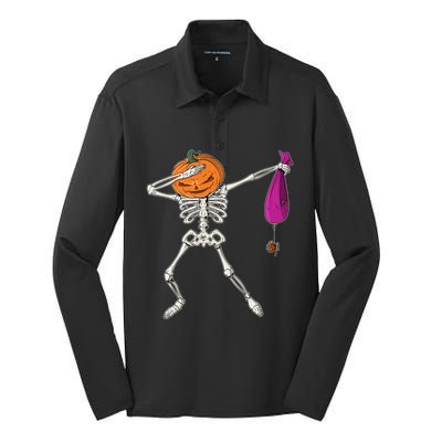 Dabbing Skeleton Funny Halloween Pumpkin Costume Autumn Gift Silk Touch Performance Long Sleeve Polo