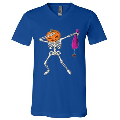 Dabbing Skeleton Funny Halloween Pumpkin Costume Autumn Gift V-Neck T-Shirt