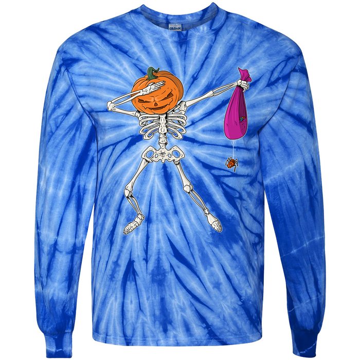 Dabbing Skeleton Funny Halloween Pumpkin Costume Autumn Gift Tie-Dye Long Sleeve Shirt