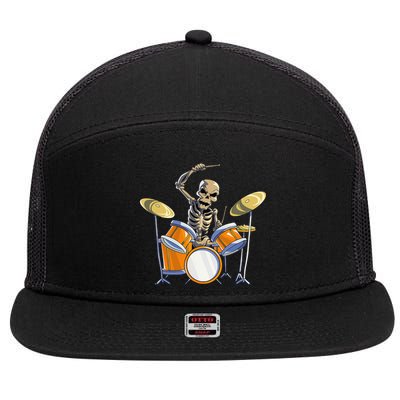 Drummer Skeleton Funny Drum Set Drummer Halloween 7 Panel Mesh Trucker Snapback Hat