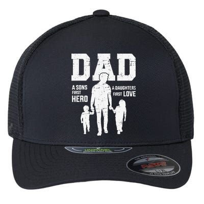 Dad Sons First Hero Daughter Love For Fathers Day Flexfit Unipanel Trucker Cap
