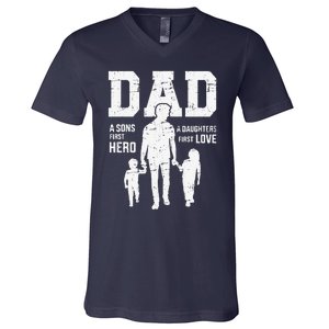 Dad Sons First Hero Daughter Love For Fathers Day V-Neck T-Shirt