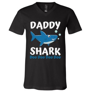 Daddy Shark Fathers Day Gift from Wife Son Daughter V-Neck T-Shirt