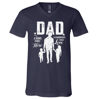 Dad Sons First Hero Daughters Love For Fathers Day V-Neck T-Shirt