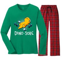 Dino Sore Funny Dinosaur Workout Gym Fitness Lifting Women's Long Sleeve Flannel Pajama Set 