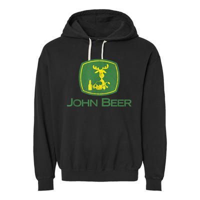 Distressed S Funny Tractor John Beer Deer Farmer Garment-Dyed Fleece Hoodie