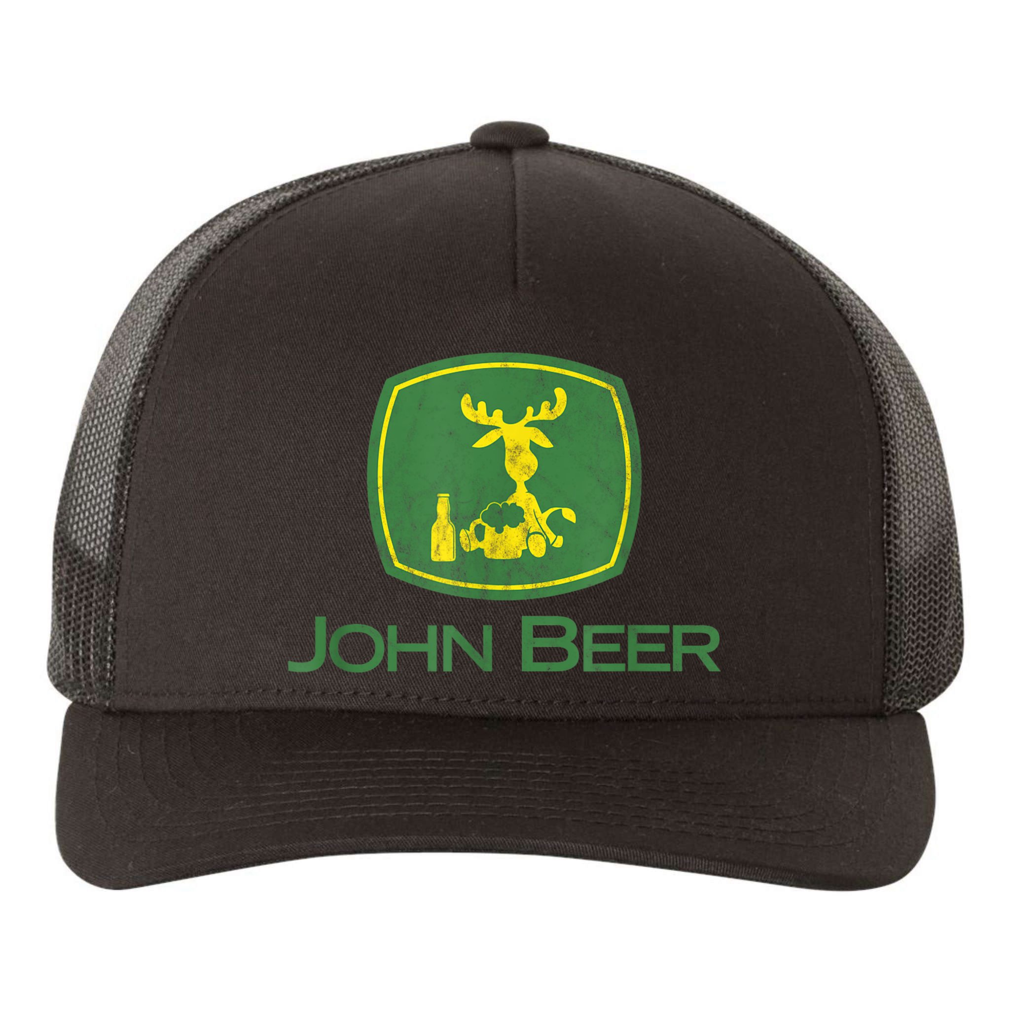 Distressed S Funny Tractor John Beer Deer Farmer Yupoong Adult 5-Panel Trucker Hat