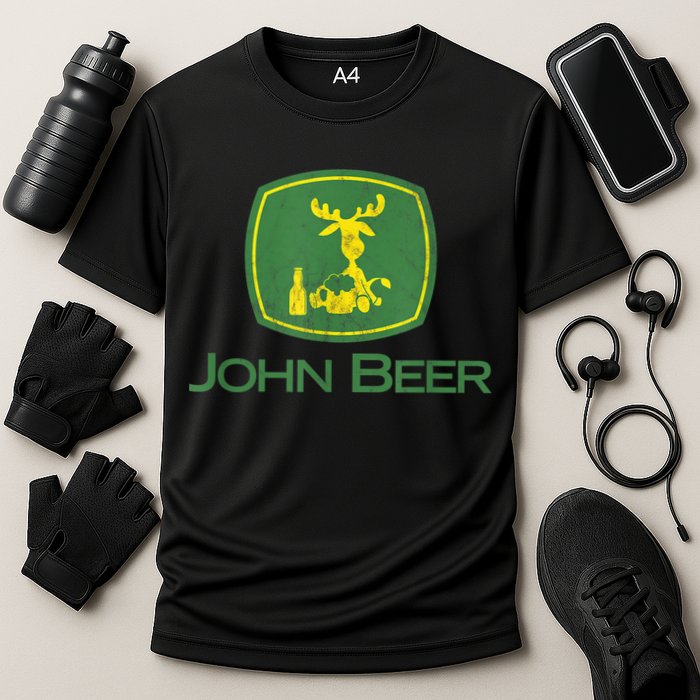 Distressed S Funny Tractor John Beer Deer Farmer Cooling Performance Crew T-Shirt