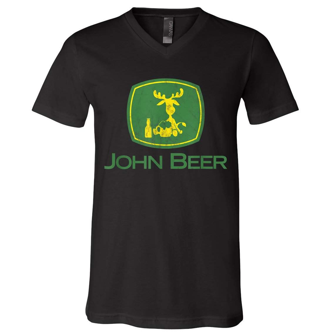 Distressed S Funny Tractor John Beer Deer Farmer V-Neck T-Shirt