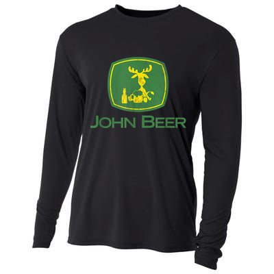 Distressed S Funny Tractor John Beer Deer Farmer Cooling Performance Long Sleeve Crew