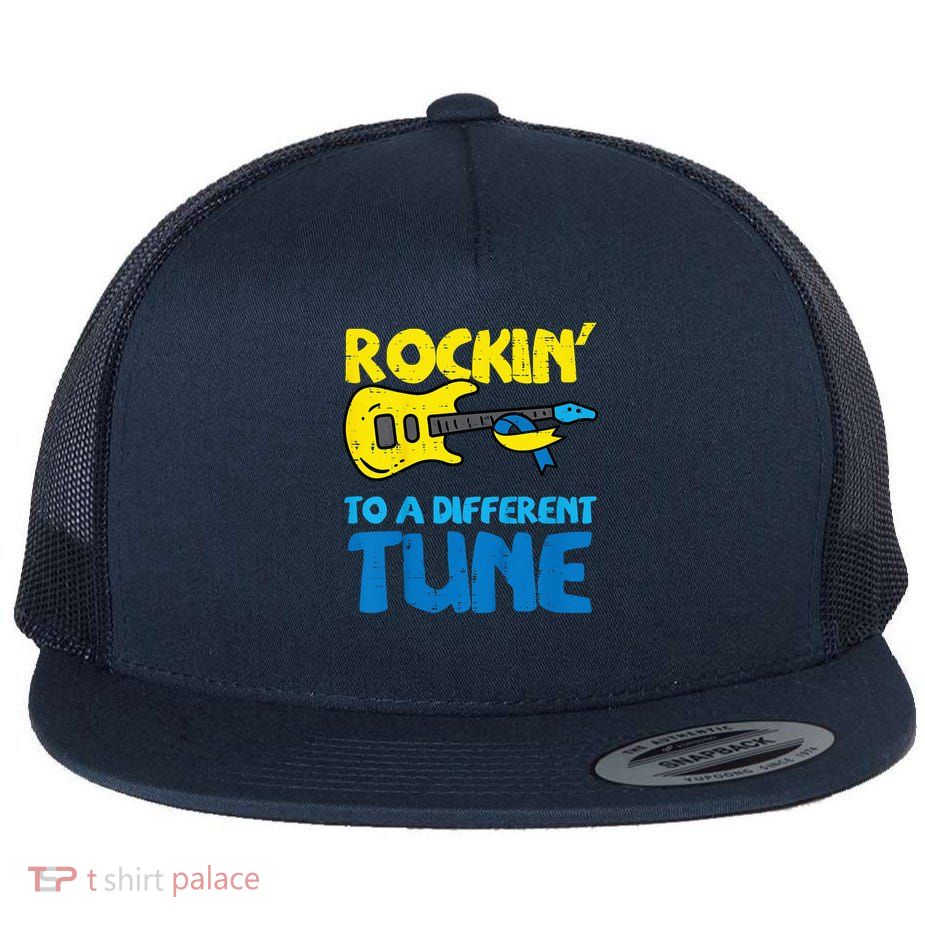 Down Syndrome Guitar Rockin Different Tune Awareness Flat Bill Trucker Hat