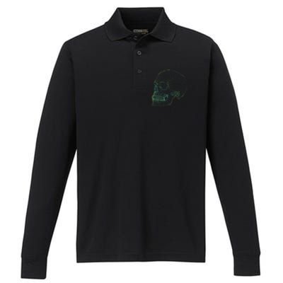 Digital Skull Green Digitized Skull Mesh Pattern Halloween Performance Long Sleeve Polo