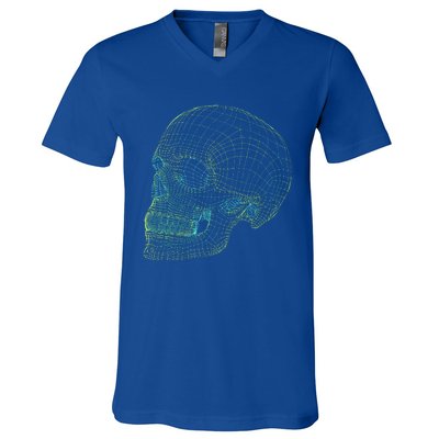 Digital Skull Green Digitized Skull Mesh Pattern Halloween V-Neck T-Shirt