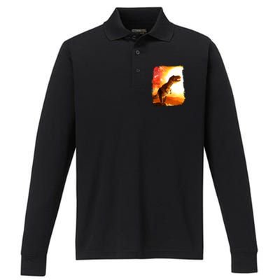 Desert Sun Galaxy Trex Dinosaur Performance Long Sleeve Polo