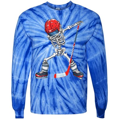 Dabbing Skeleton Hockey Halloween Costume Gift Tie-Dye Long Sleeve Shirt