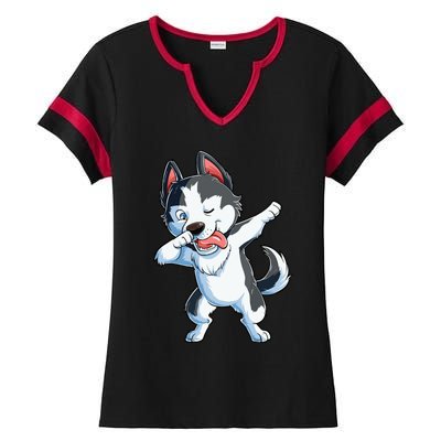 Dabbing Siberian Husky Dog Lover Boy Dab Funny Gift Ladies Halftime Notch Neck Tee