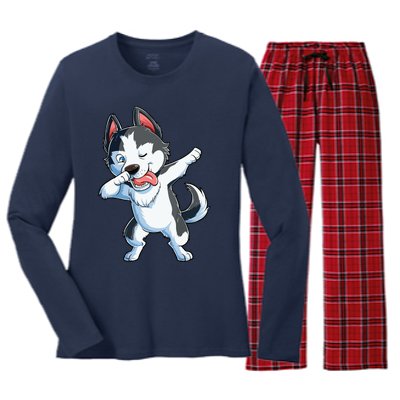 Dabbing Siberian Husky Dog Lover Boy Dab Funny Gift Women's Long Sleeve Flannel Pajama Set 