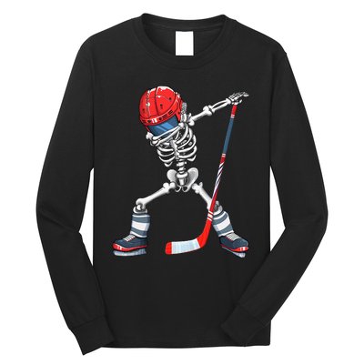 Dabbing Skeleton Hockey Halloween Costume Gift Long Sleeve Shirt