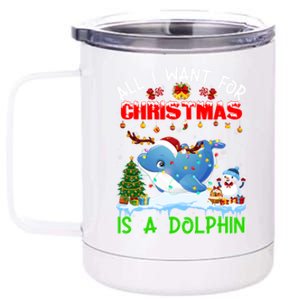 Dolphin Santa Hat Lights Xmas Snowflake Pajama Christmas Tee Gift 12 oz Stainless Steel Tumbler Cup