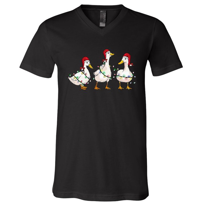 Duck Santa Hat Christmas Lights Silly Goose Xmas  V-Neck T-Shirt