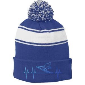 Downhill Skiing Heartbeat Alpine Skiing Electrocardiogram Gift Stripe Pom Pom Beanie