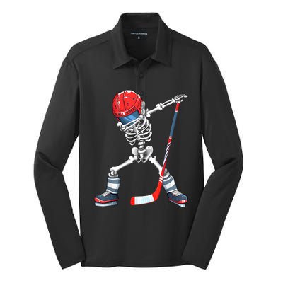 Dabbing Skeleton Hockey Halloween Costume Gift Boy Silk Touch Performance Long Sleeve Polo