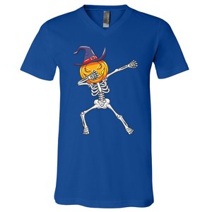 Dabbing Skeleton Halloween Pumpkin Cute Gift V-Neck T-Shirt