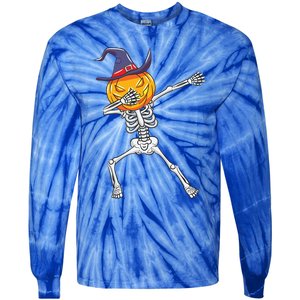 Dabbing Skeleton Halloween Pumpkin Cute Gift Tie-Dye Long Sleeve Shirt